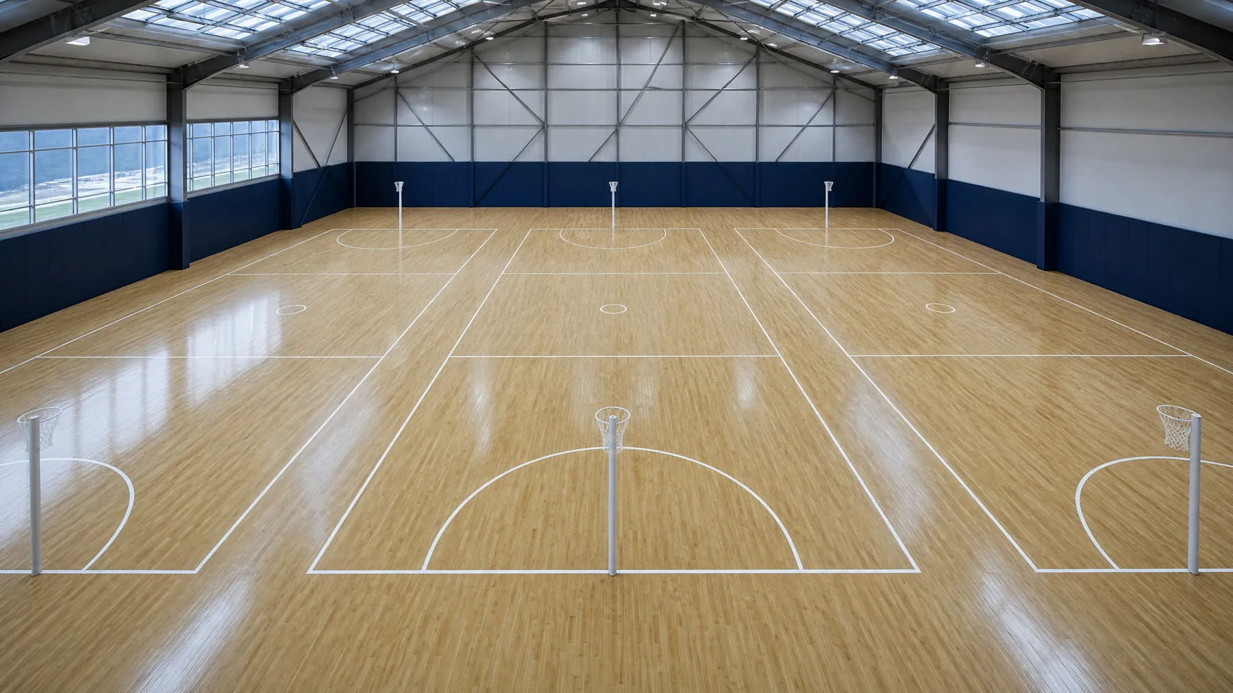 An empty indoor netball centre, three courts side by side under skylights